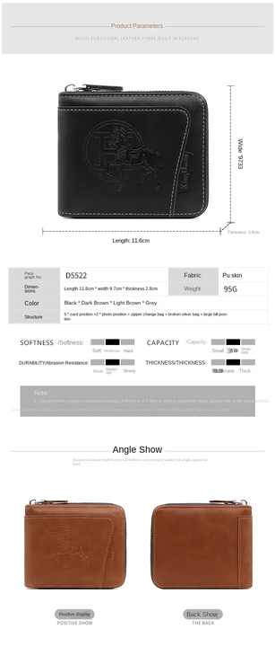 NNEDSZ Dark Brown Men's Leather Wallet with Zipper and Horse Embossed Design -  Compact and Stylish