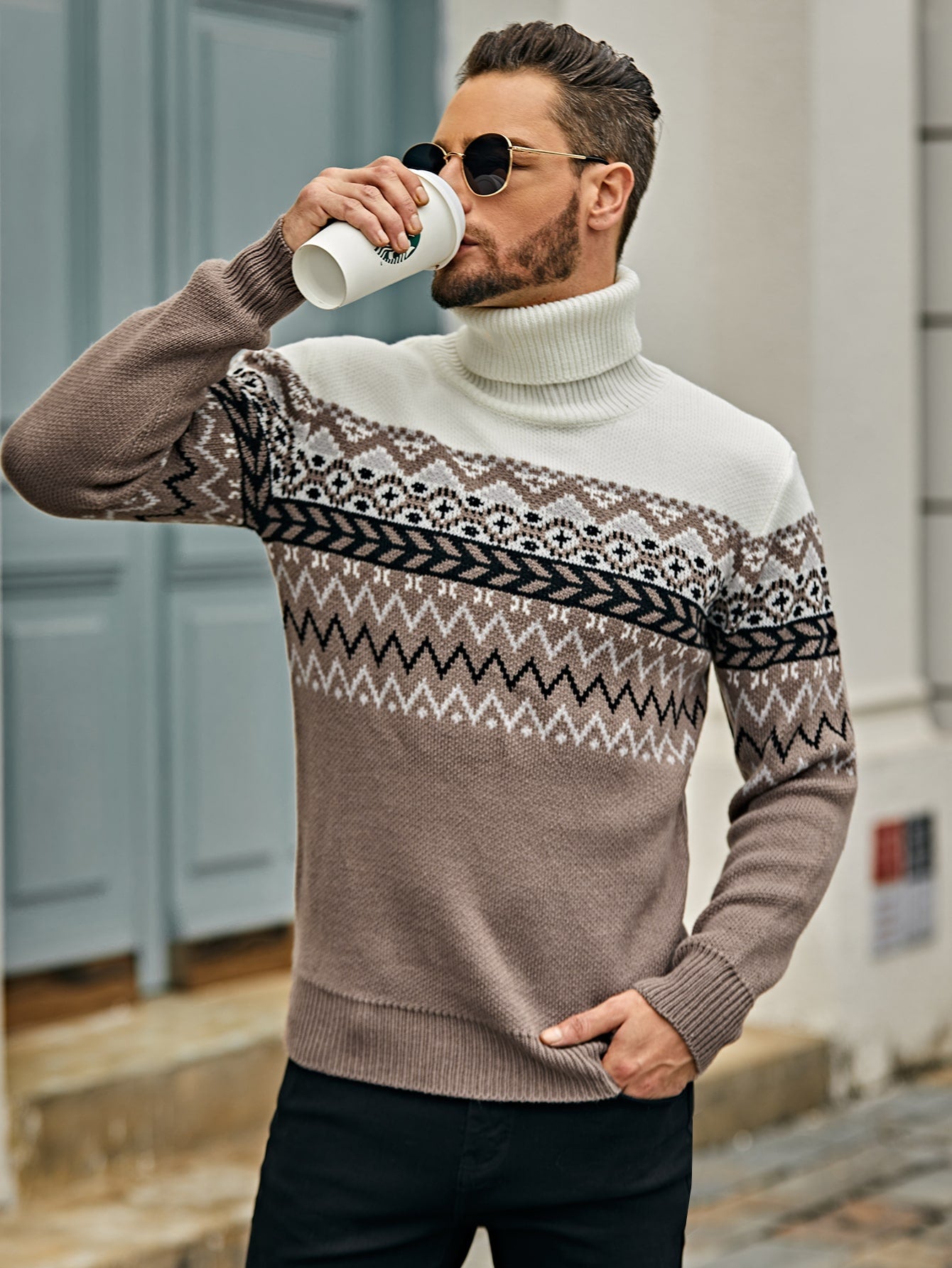 Men Geo & Chevron Pattern Turtle Neck Sweater - Premium Men Sweaters from ZOETOP BUSINESS CO., LIMITED - Just $56.49! Shop now at Nick's Bay Company