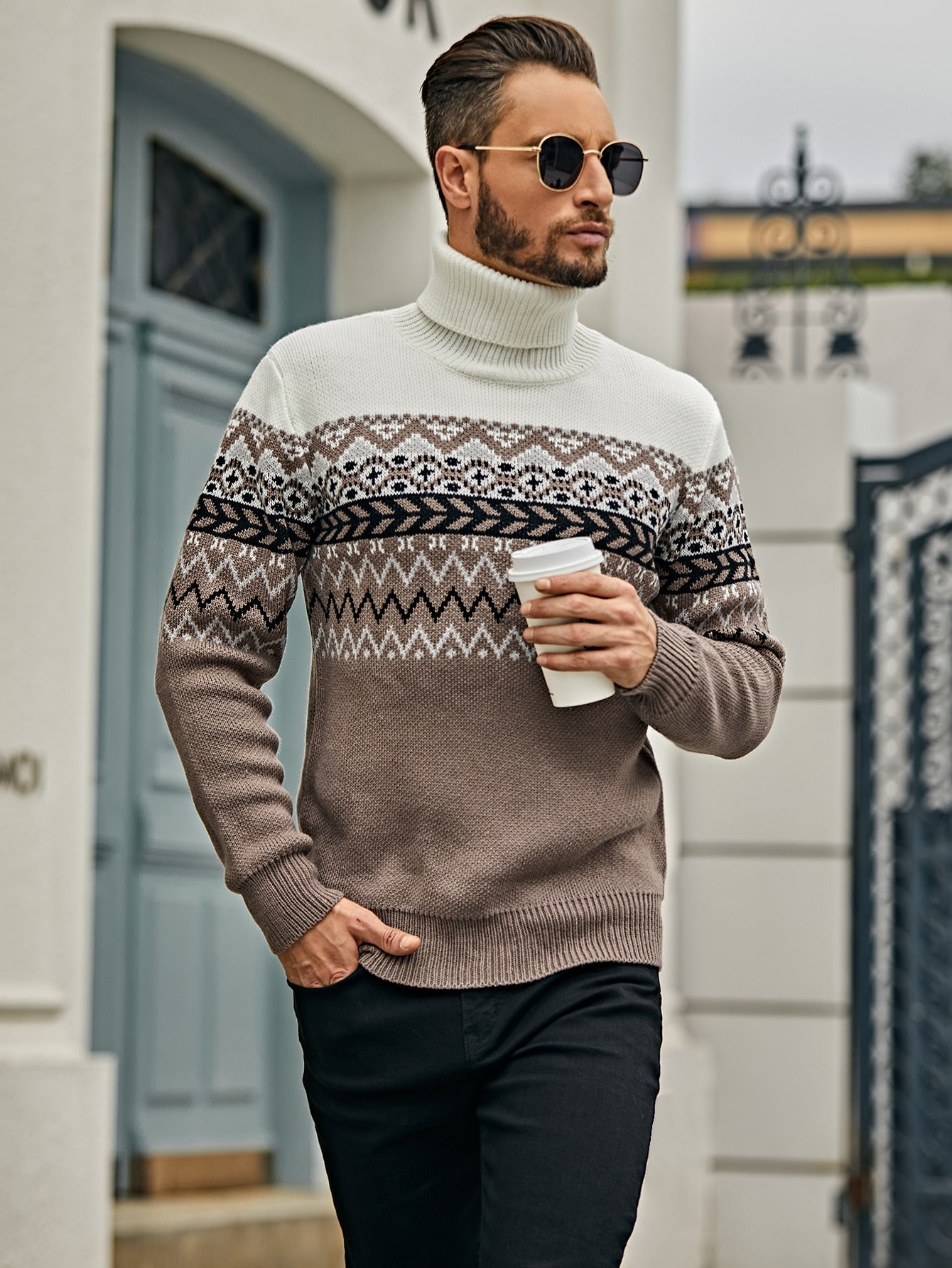 Men Geo & Chevron Pattern Turtle Neck Sweater - Premium Men Sweaters from ZOETOP BUSINESS CO., LIMITED - Just $56.49! Shop now at Nick's Bay Company