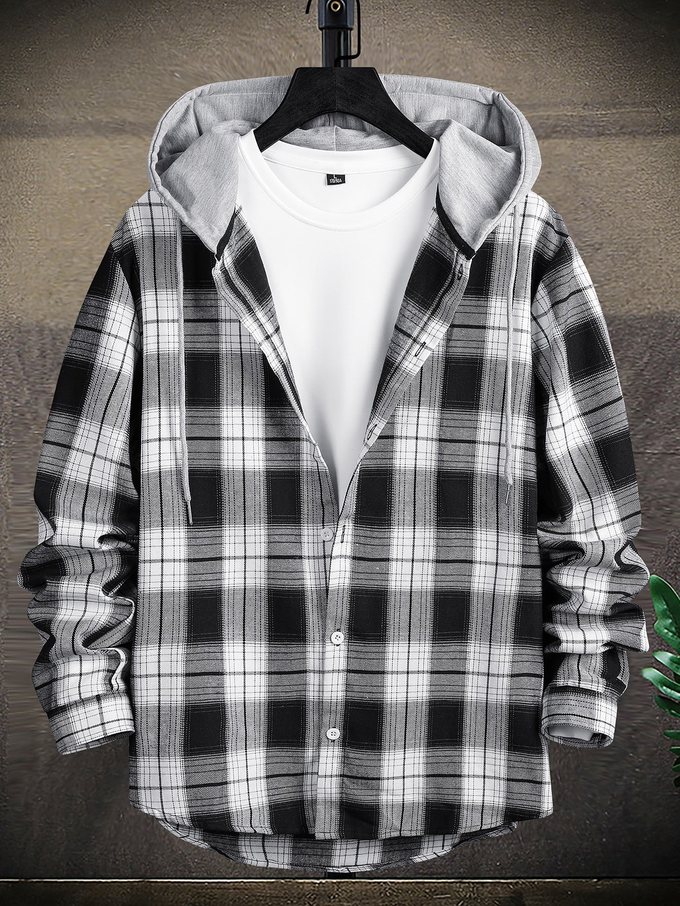Men Plaid Print Drawstring Hooded High Low Hem Shirt Without Top - Premium Men Shirts from ZOETOP BUSINESS CO., LIMITED - Just $45.99! Shop now at Nick's Bay Company