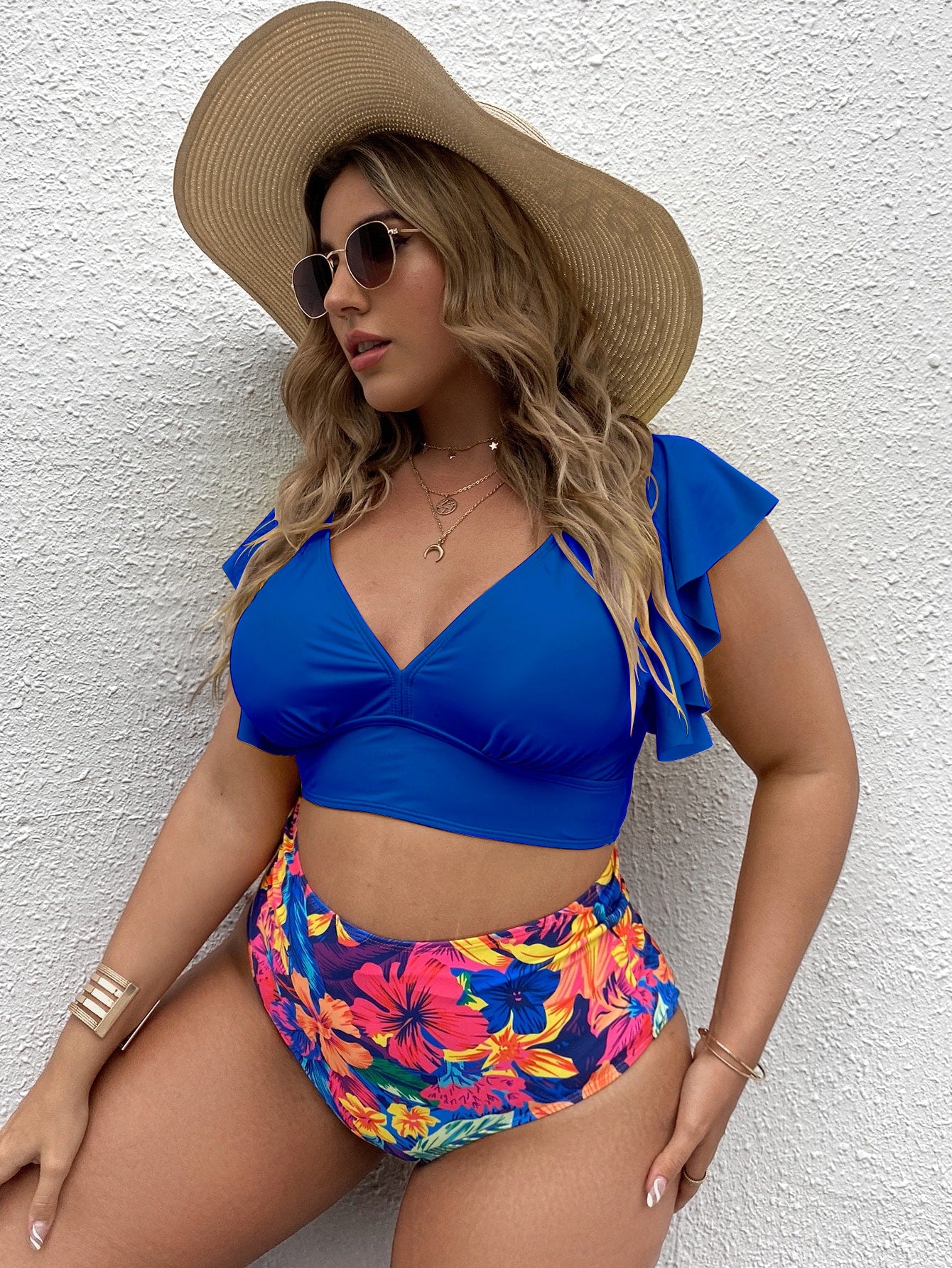 Plus Floral Print Bikini Set Plunging Neck Butterfly Sleeve Top & Shorts 2 Piece Bathing Suit - Premium Plus Size Bikini Sets from ZOETOP BUSINESS CO., LIMITED - Just $41.50! Shop now at Nick's Bay Company