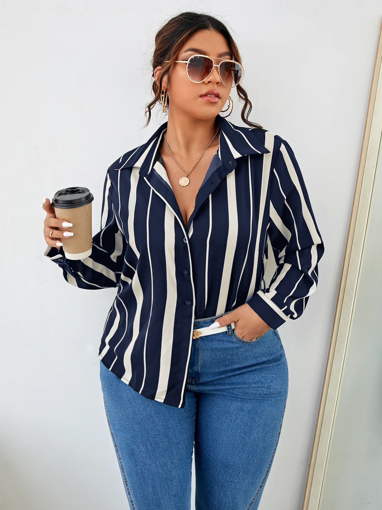 EMERY ROSE Plus Striped Button Front Shirt - Premium Plus Size Blouses from ZOETOP BUSINESS CO., LIMITED - Just $44.99! Shop now at Nick's Bay Company