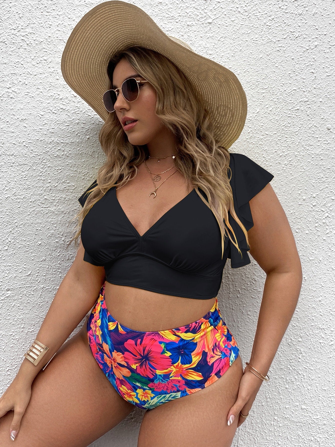 Plus Floral Print Bikini Set Plunging Neck Butterfly Sleeve Top & Shorts 2 Piece Bathing Suit - Premium Plus Size Bikini Sets from ZOETOP BUSINESS CO., LIMITED - Just $41.50! Shop now at Nick's Bay Company