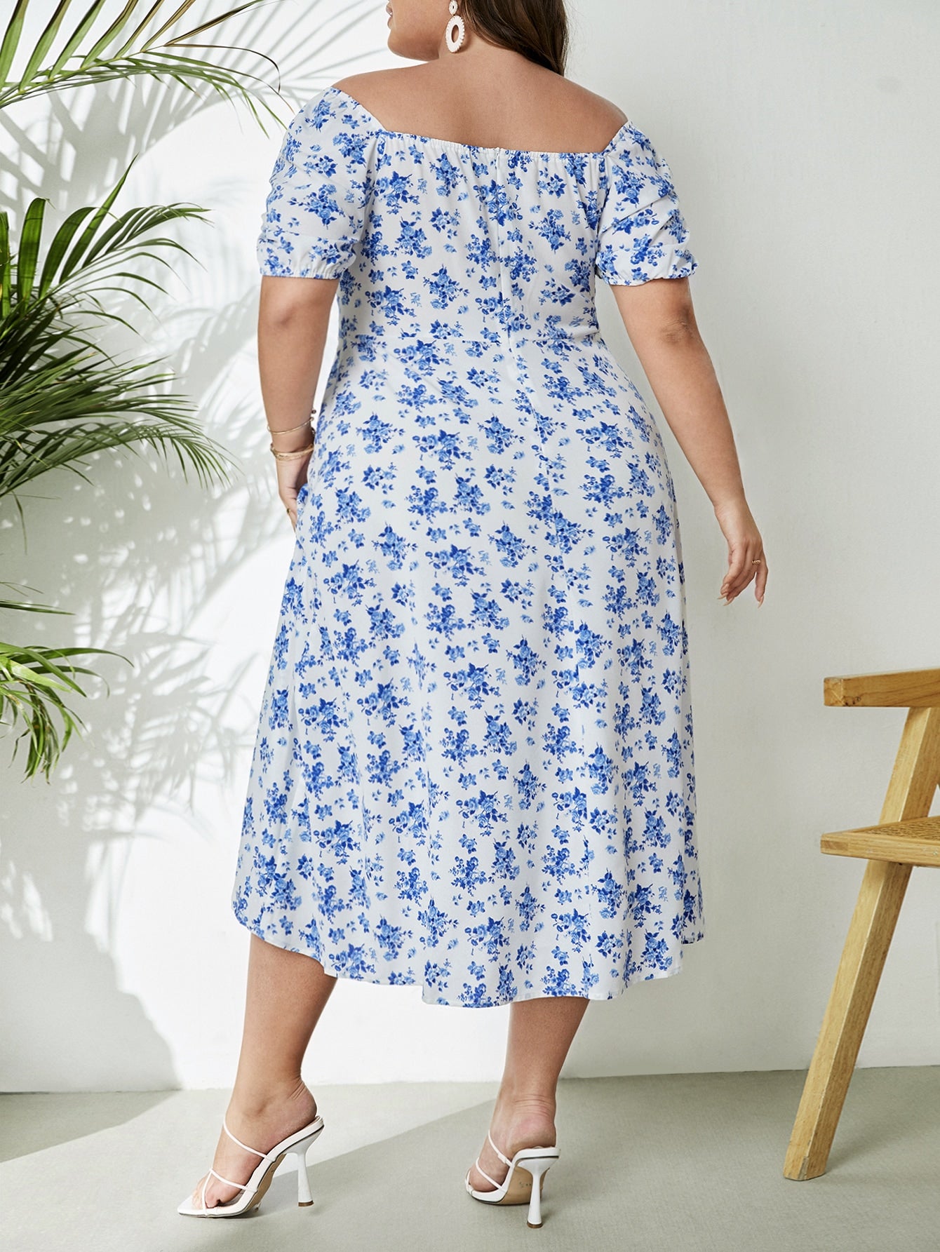 VCAY Plus Floral Print Puff Sleeve Knot Front Split Thigh Dress - Premium Plus Size Dresses from ZOETOP BUSINESS CO., LIMITED - Just $45.20! Shop now at Nick's Bay Company
