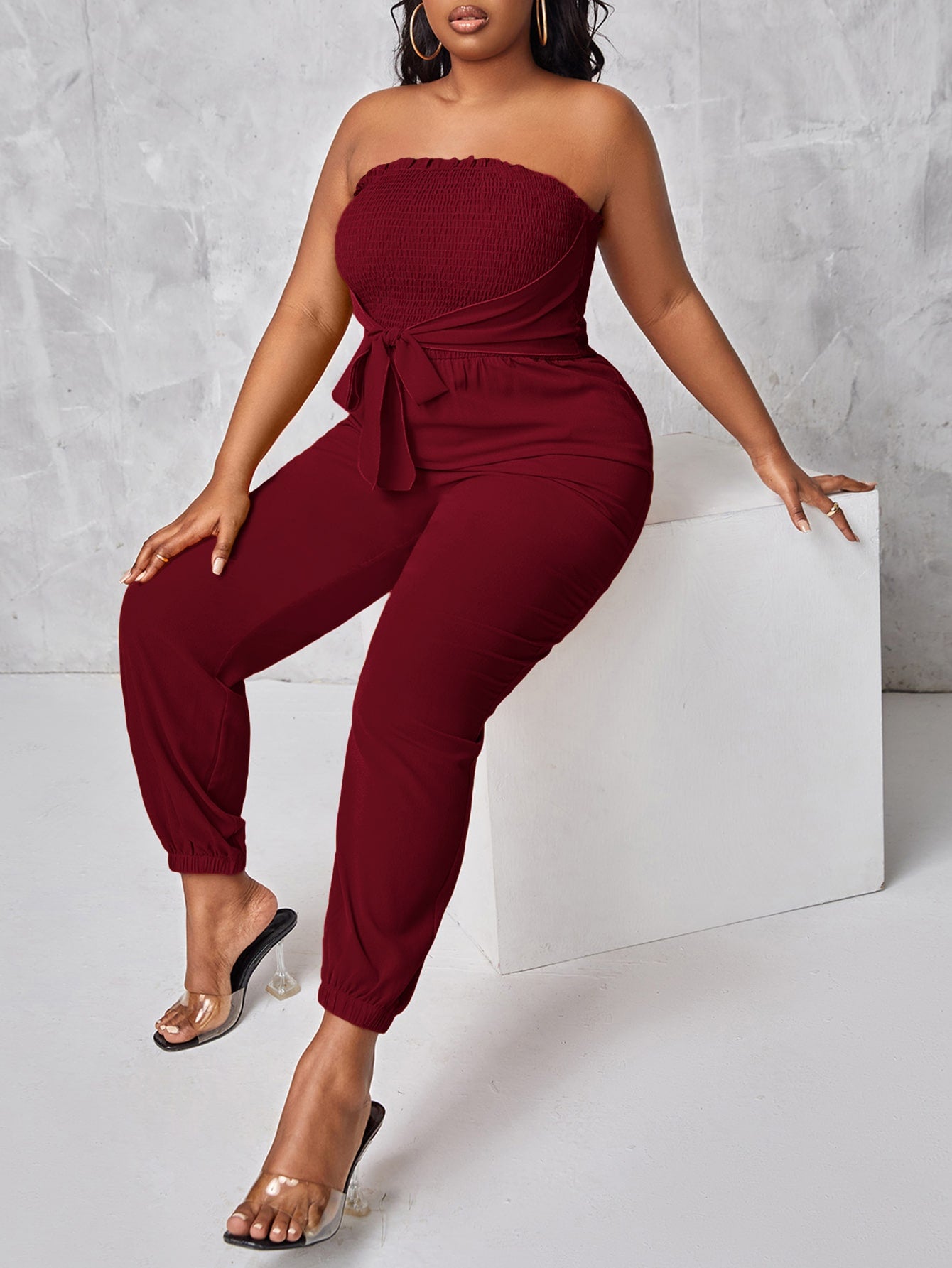 SXY Plus Shirred Tie Front Tube Jumpsuit - Premium Plus Size Jumpsuits from ZOETOP BUSINESS CO., LIMITED - Just $53.99! Shop now at Nick's Bay Company