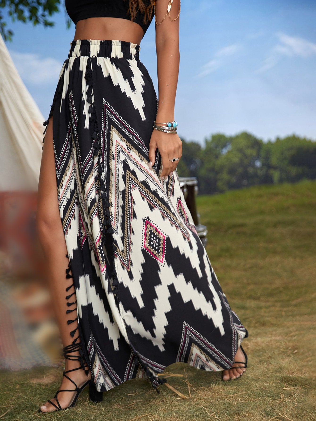 VCAY Chevron Print Tassel Trim Wrap Hem Paper Bag Waist Skirt - Premium Women Skirts from ZOETOP BUSINESS CO., LIMITED - Just $46.49! Shop now at Nick's Bay Company
