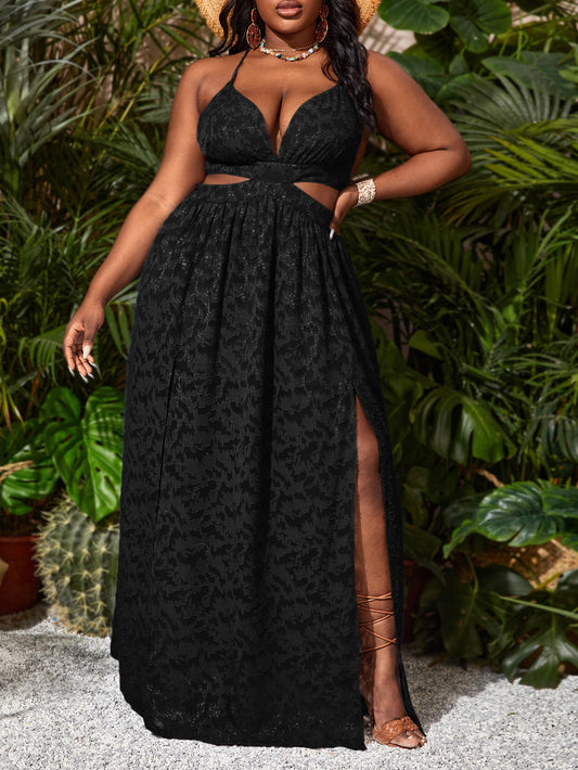 SXY Plus Tie Backless Split Thigh Applique Floral Jacquard Dress - Premium Plus Size Dresses from ZOETOP BUSINESS CO., LIMITED - Just $59.99! Shop now at Nick's Bay Company