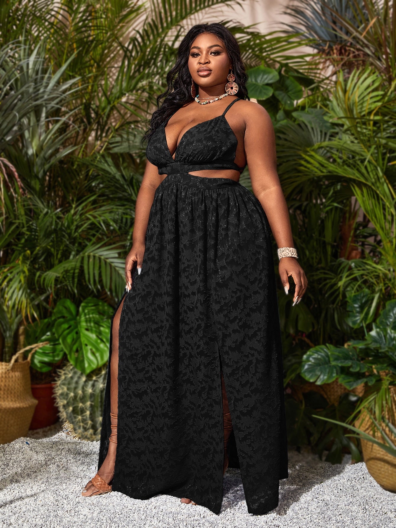 SXY Plus Tie Backless Split Thigh Applique Floral Jacquard Dress - Premium Plus Size Dresses from ZOETOP BUSINESS CO., LIMITED - Just $59.99! Shop now at Nick's Bay Company