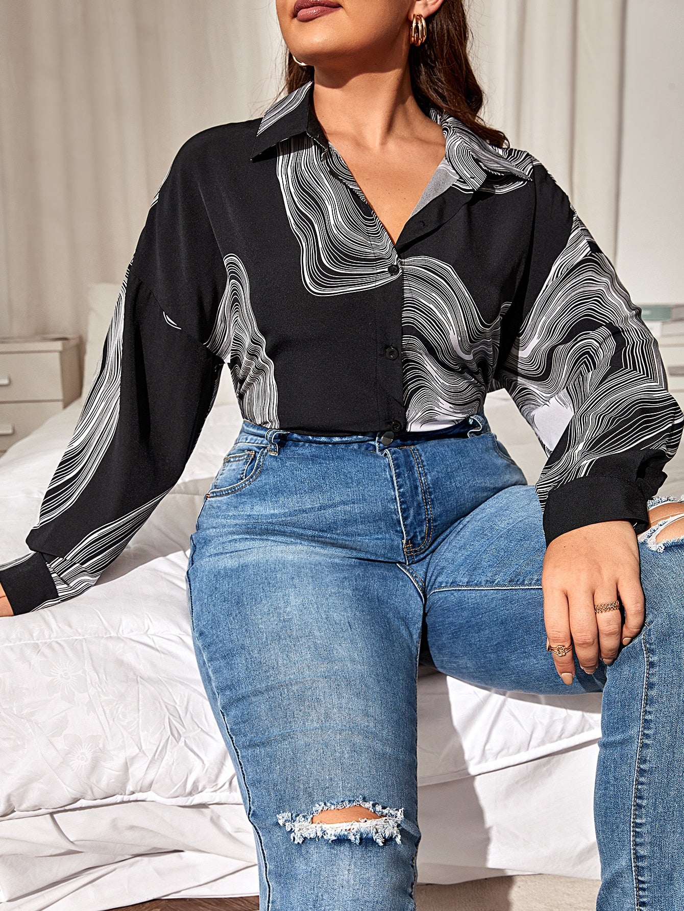 EMERY ROSE Plus Drop Shoulder Button Front Shirt - Premium Plus Size Blouses from ZOETOP BUSINESS CO., LIMITED - Just $46.49! Shop now at Nick's Bay Company