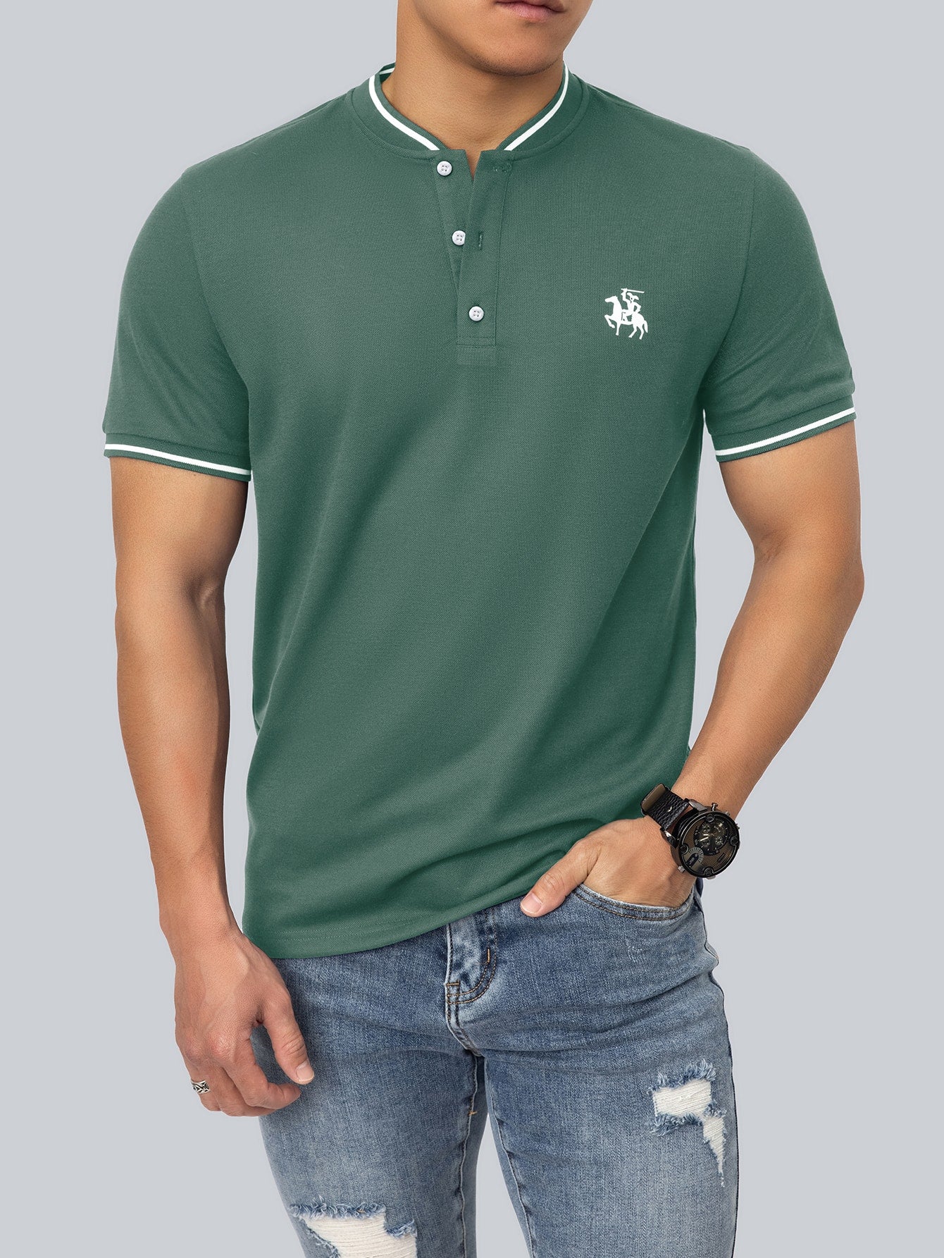 Men Figure & Horse Print Striped Trim Polo Shirt - Premium Men Polo Shirts from ZOETOP BUSINESS CO., LIMITED - Just $40.99! Shop now at Nick's Bay Company