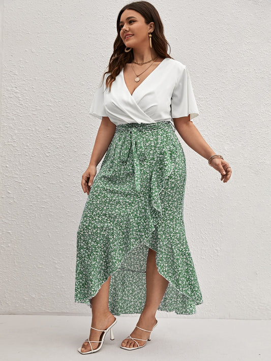 Frenchy Plus Ditsy Floral Tie Front Wrap Dress - Premium Plus Size Dresses from ZOETOP BUSINESS CO., LIMITED - Just $49.99! Shop now at Nick's Bay Company