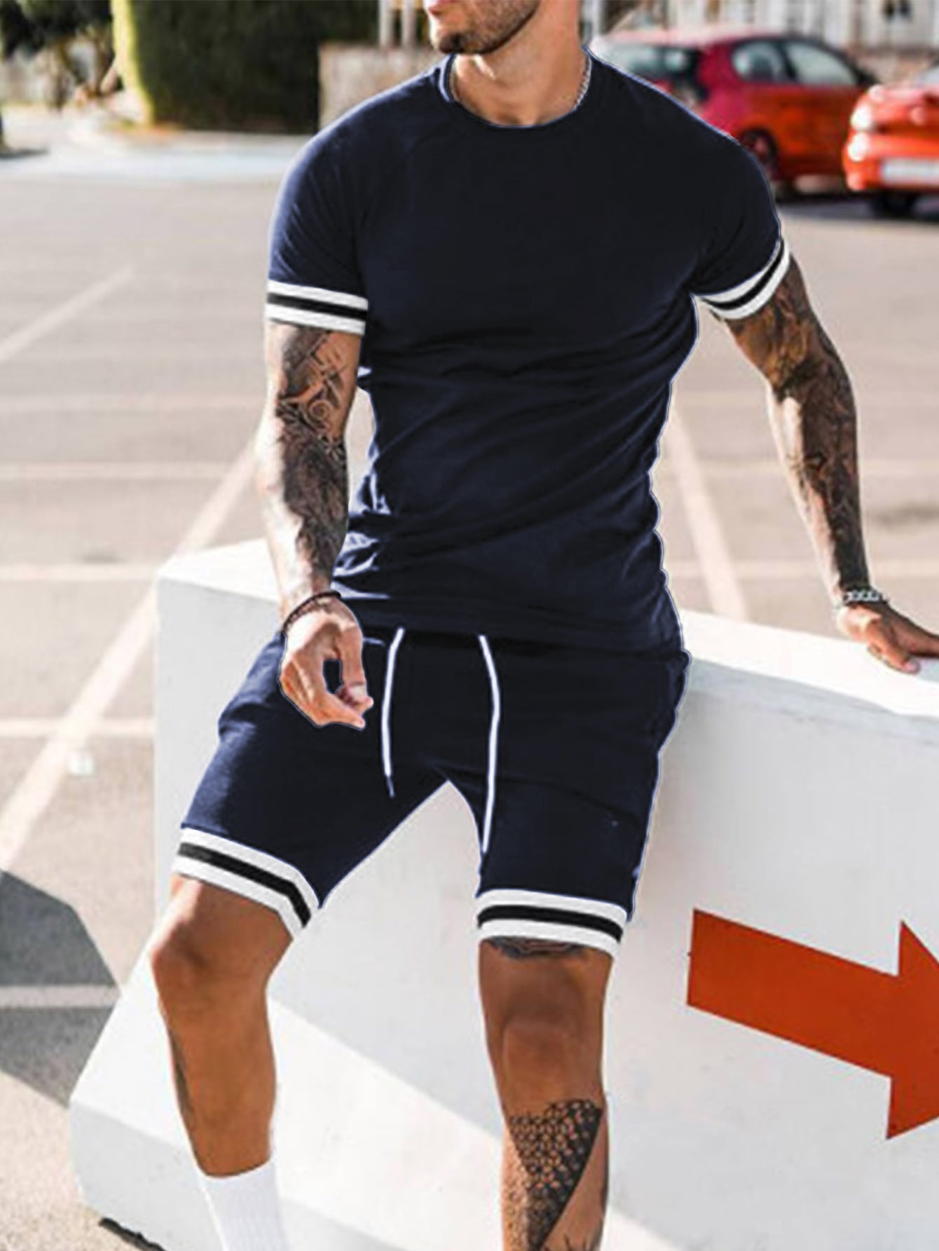 Men Striped Trim Tee & Drawstring Waist Shorts - Premium Men Two-piece Outfits from ZOETOP BUSINESS CO., LIMITED - Just $53.49! Shop now at Nick's Bay Company
