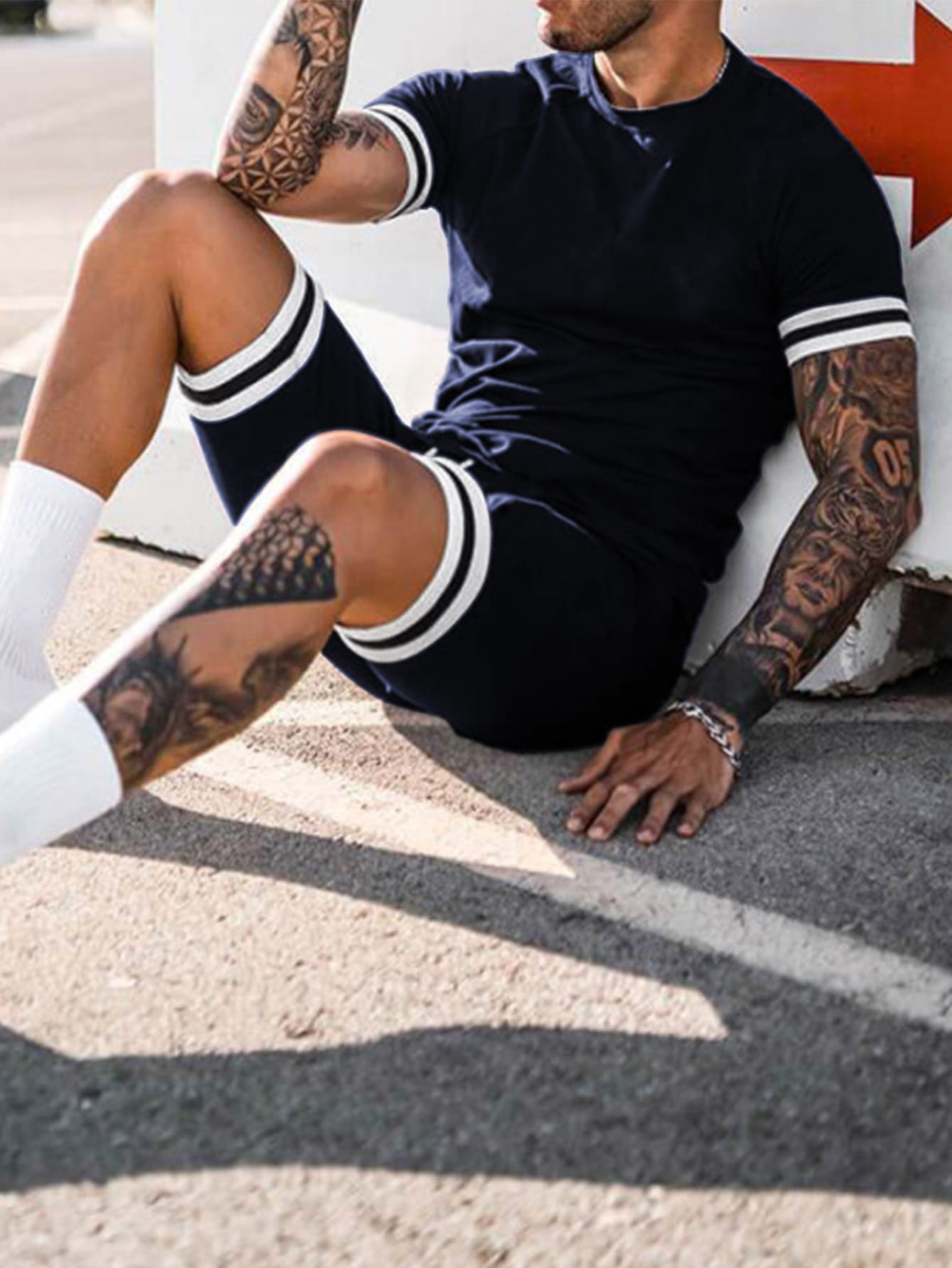 Men Striped Trim Tee & Drawstring Waist Shorts - Premium Men Two-piece Outfits from ZOETOP BUSINESS CO., LIMITED - Just $53.49! Shop now at Nick's Bay Company
