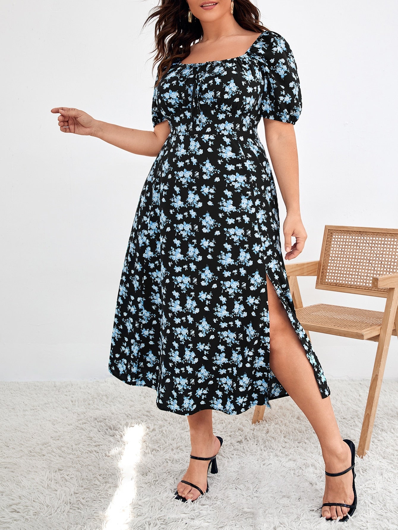 VCAY Plus Floral Print Puff Sleeve Knot Front Split Thigh Dress