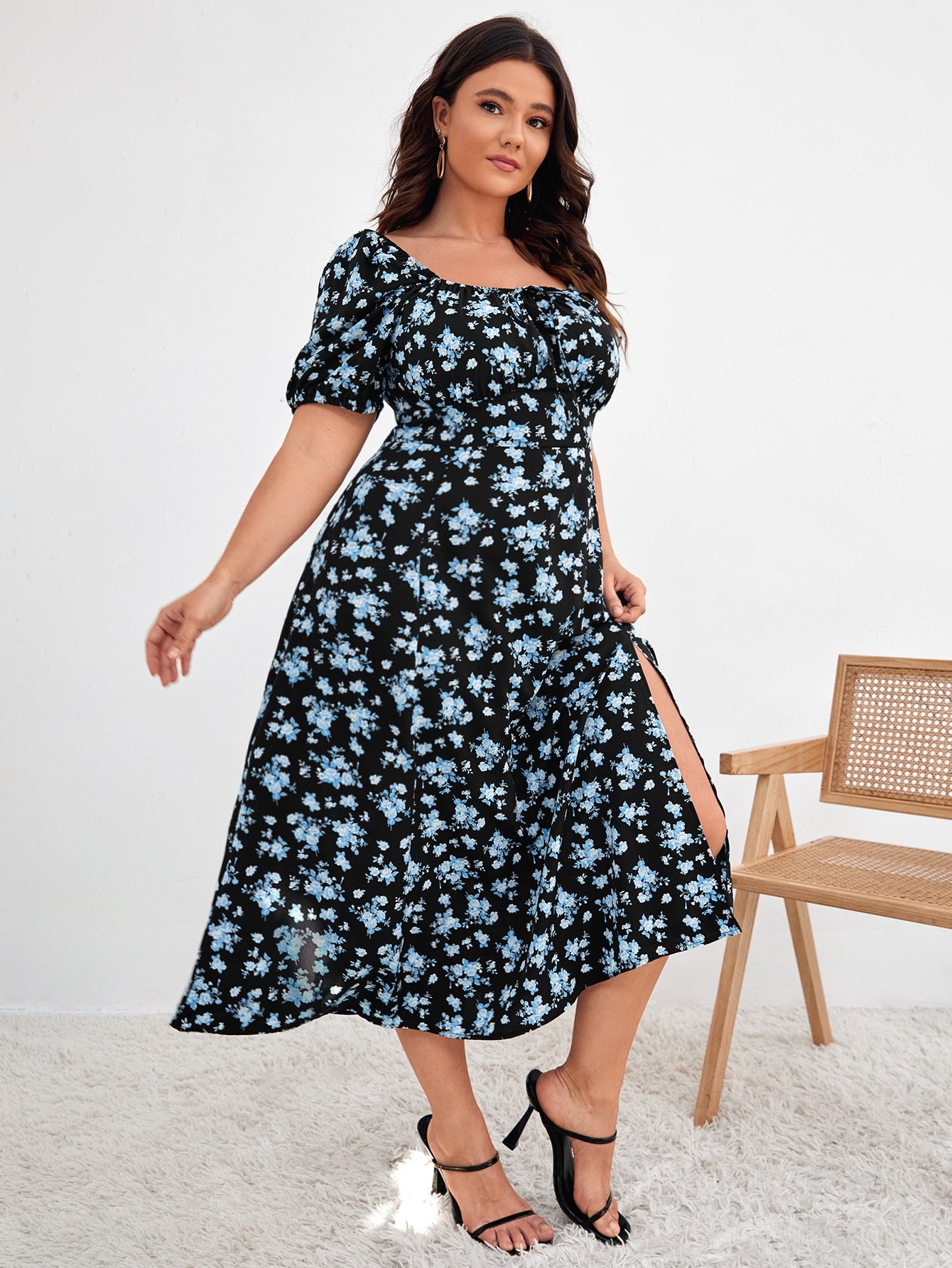 VCAY Plus Floral Print Puff Sleeve Knot Front Split Thigh Dress
