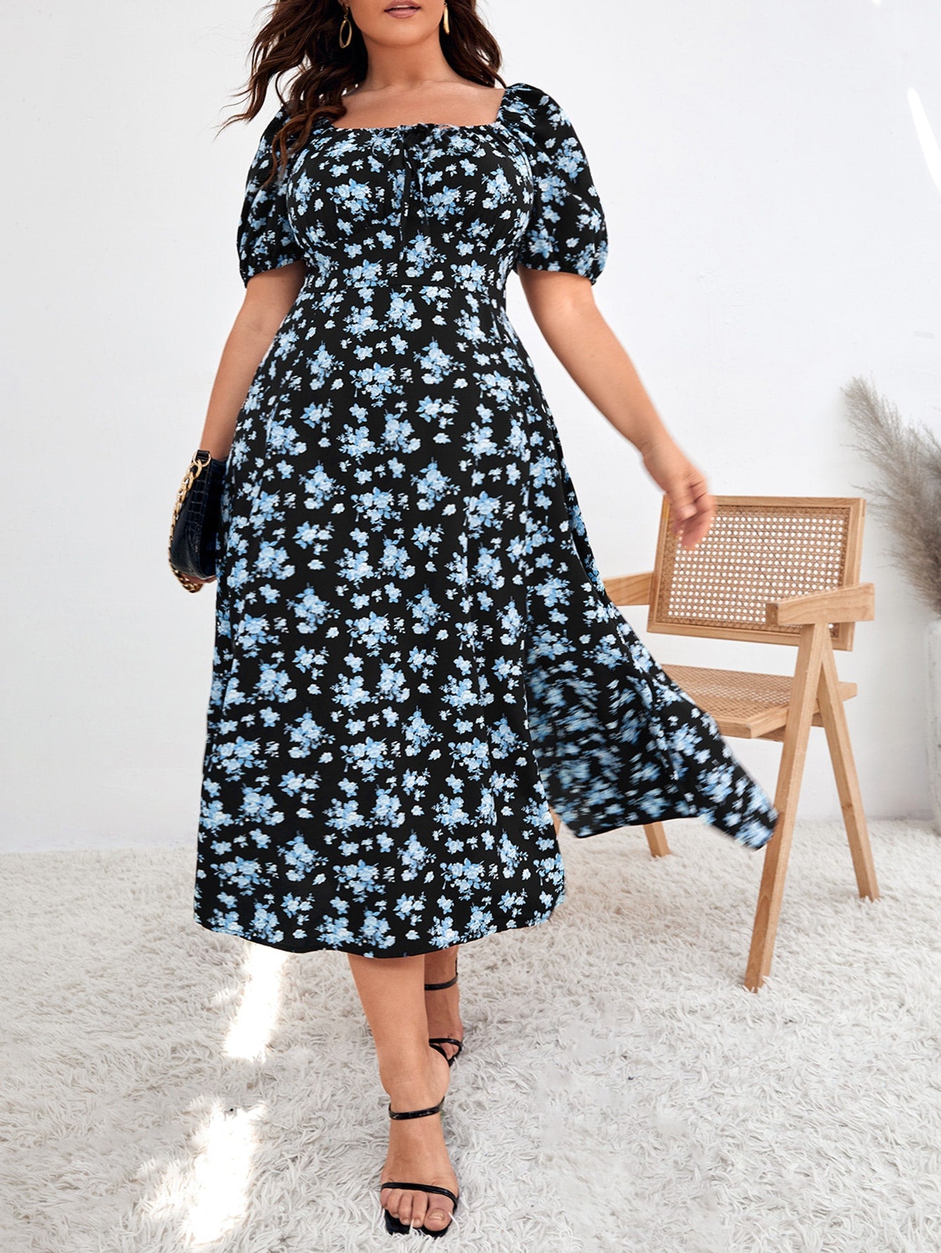 VCAY Plus Floral Print Puff Sleeve Knot Front Split Thigh Dress - Premium Plus Size Dresses from ZOETOP BUSINESS CO., LIMITED - Just $45.20! Shop now at Nick's Bay Company