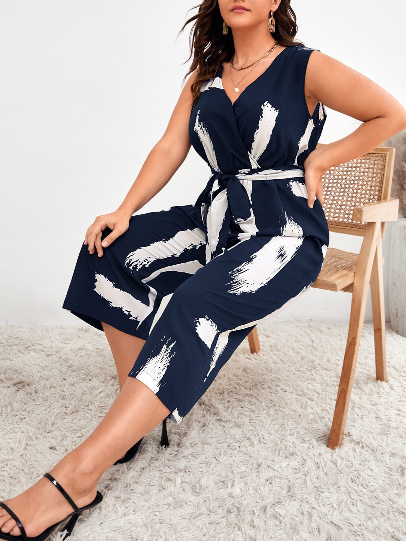 VCAY Plus Brush Print Belted Jumpsuit - Premium Plus Size Jumpsuits from ZOETOP BUSINESS CO., LIMITED - Just $47.99! Shop now at Nick's Bay Company