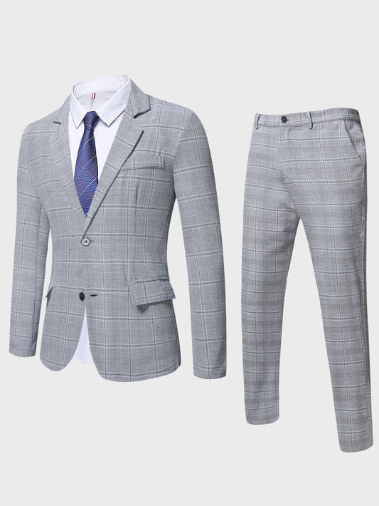 Mode Men 1pc Plaid Lapel Collar Blazer & 1pc Suit Pants
