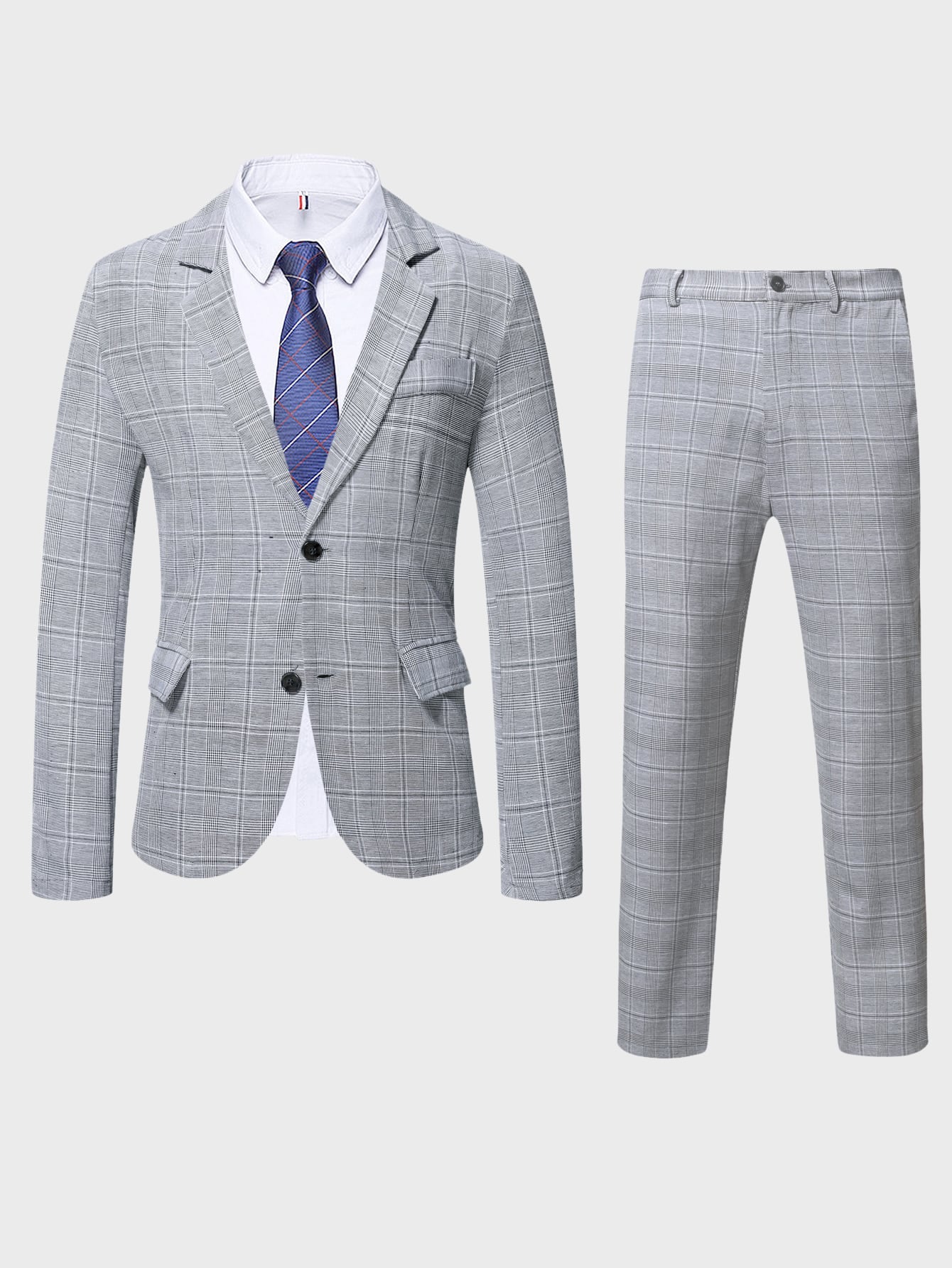 Mode Men 1pc Plaid Lapel Collar Blazer & 1pc Suit Pants