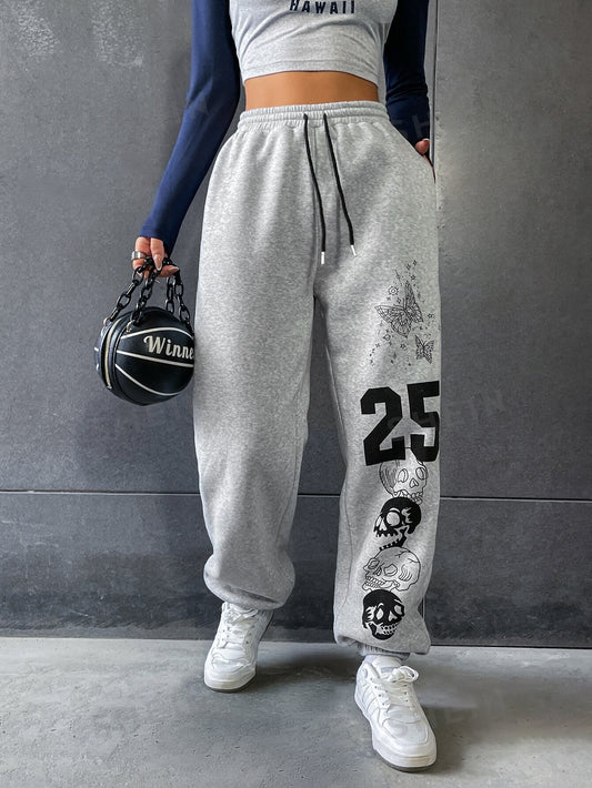 Skull And Letter Graphic Drawstring Waist Sweatpants