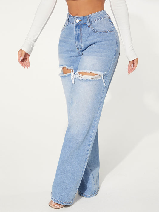 SXY Single Button Cut Out Ripped Frayed Wide Leg Jeans - Premium Women Jeans from ZOETOP BUSINESS CO., LIMITED - Just $61.49! Shop now at Nick's Bay Company