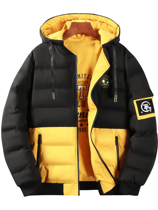 Two Tone Letter Graphic Drawstring Hooded Puffer Coat