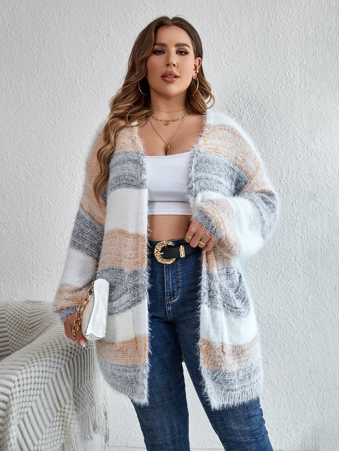 Unity Plus Colorblock Drop Shoulder Fluffy Knit Cardigan - Premium Plus Size Cardigans from ZOETOP BUSINESS CO., LIMITED - Just $53.99! Shop now at Nick's Bay Company