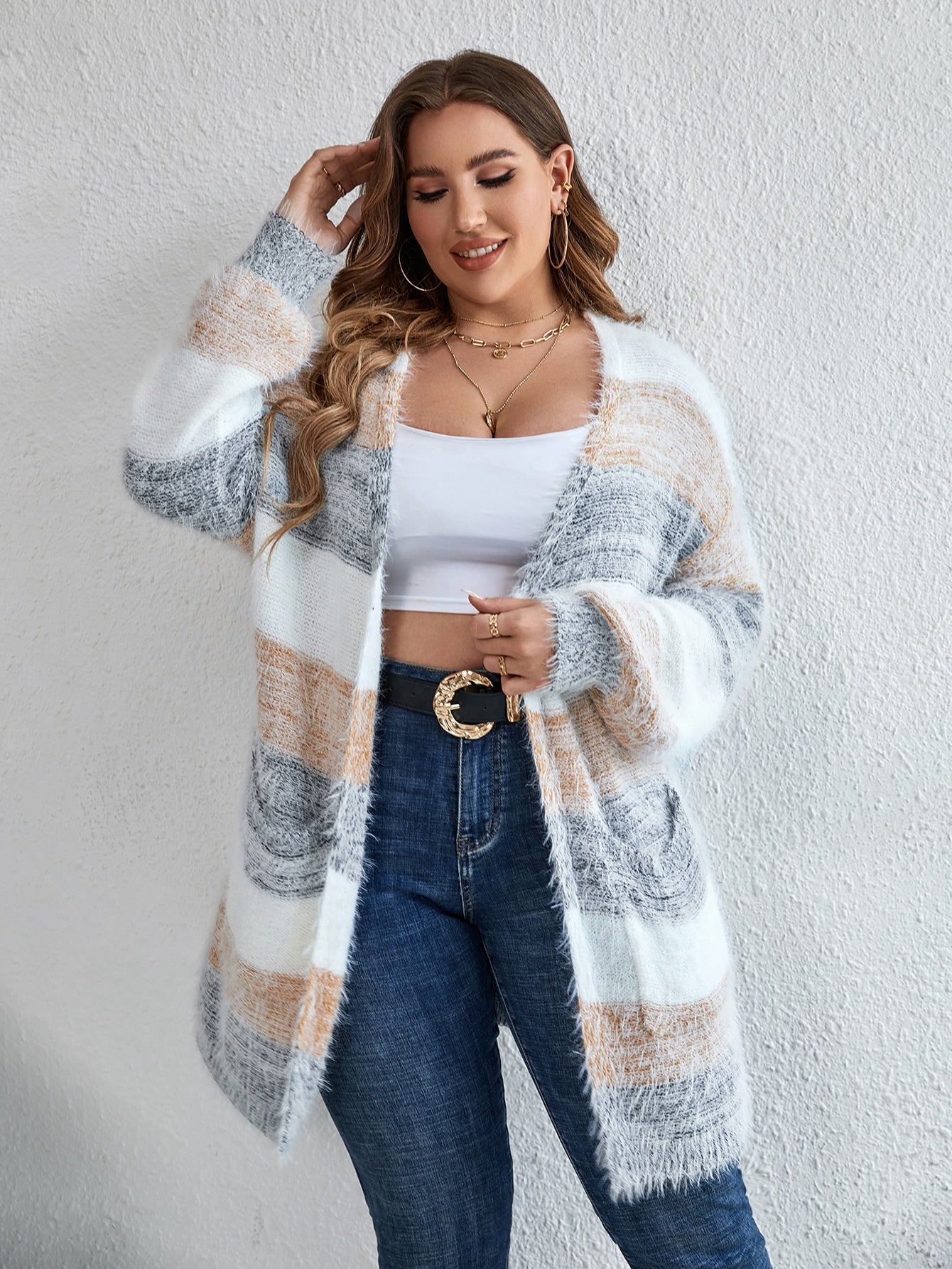Unity Plus Colorblock Drop Shoulder Fluffy Knit Cardigan - Premium Plus Size Cardigans from ZOETOP BUSINESS CO., LIMITED - Just $53.99! Shop now at Nick's Bay Company