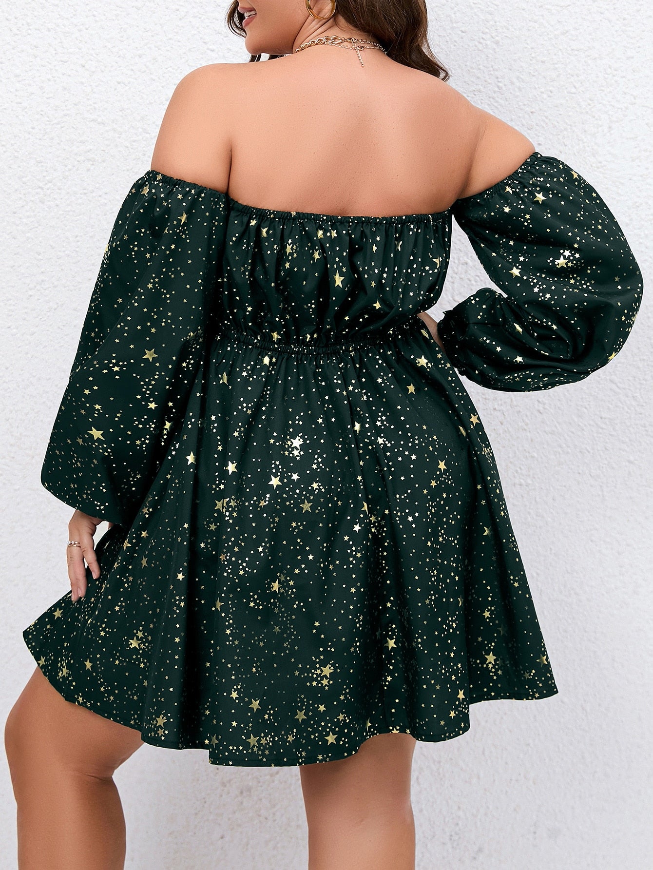 Unity Plus Gold Star Print Off Shoulder Lantern Sleeve Dress - Premium Plus Size Dresses from ZOETOP BUSINESS CO., LIMITED - Just $45.49! Shop now at Nick's Bay Company