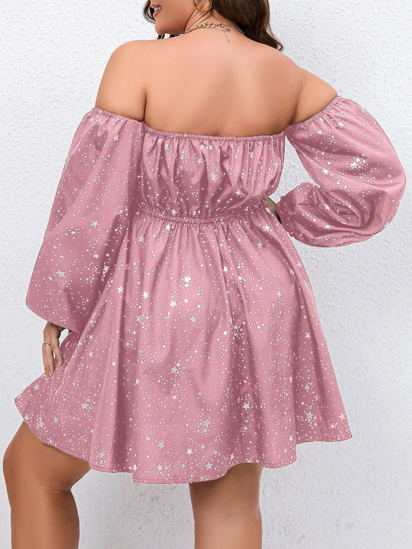 Unity Plus Gold Star Print Off Shoulder Lantern Sleeve Dress - Premium Plus Size Dresses from ZOETOP BUSINESS CO., LIMITED - Just $45.49! Shop now at Nick's Bay Company