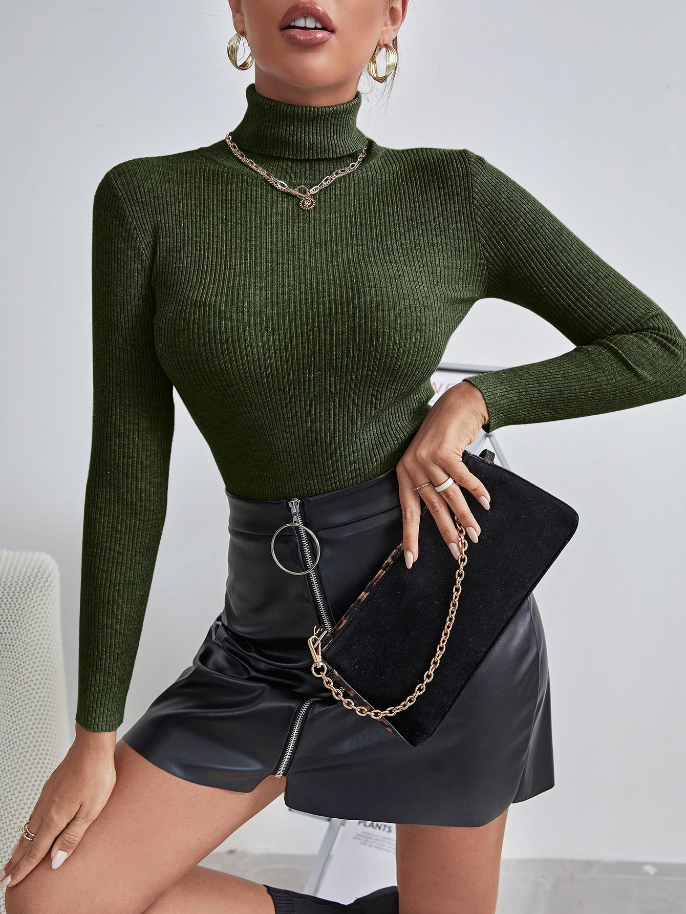 Solid High Neck Rib Knit Sweater