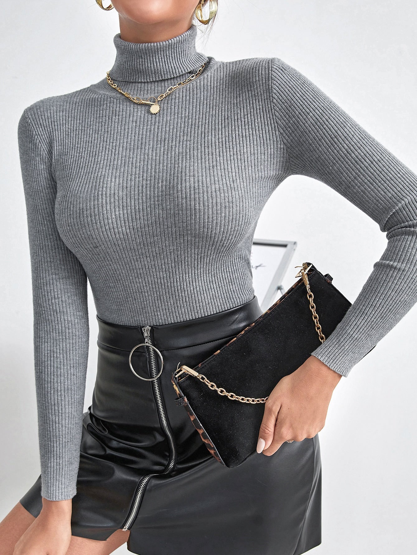 Solid High Neck Rib Knit Sweater
