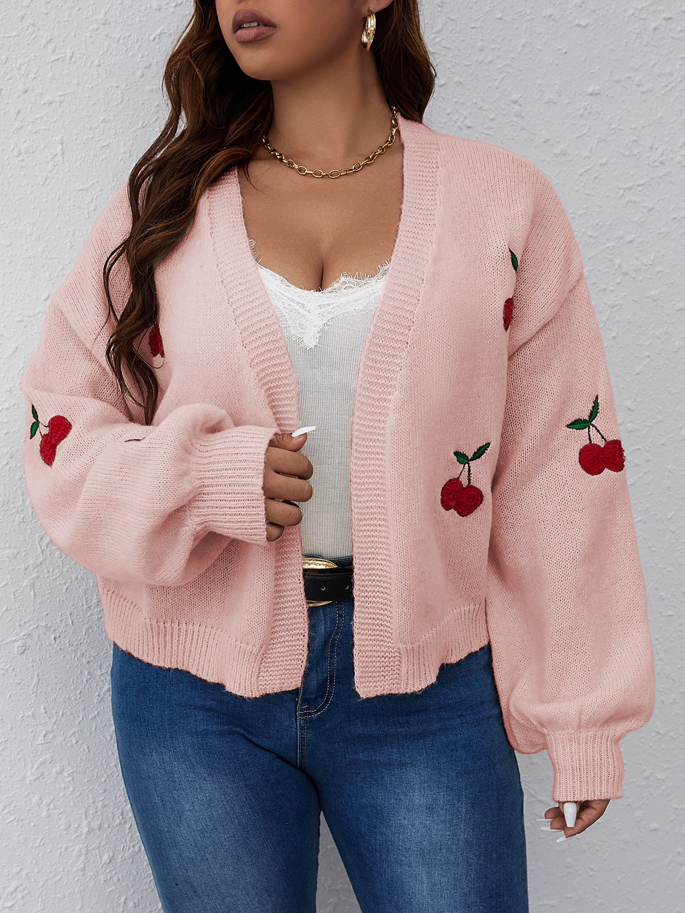 Frenchy Plus Cherry Pattern Balloon Sleeve Duster Cardigan - Premium Plus Size Cardigans from ZOETOP BUSINESS CO., LIMITED - Just $54.99! Shop now at Nick's Bay Company