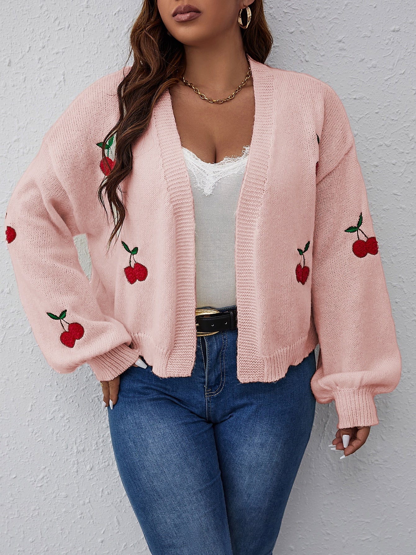Frenchy Plus Cherry Pattern Balloon Sleeve Duster Cardigan - Premium Plus Size Cardigans from ZOETOP BUSINESS CO., LIMITED - Just $54.99! Shop now at Nick's Bay Company