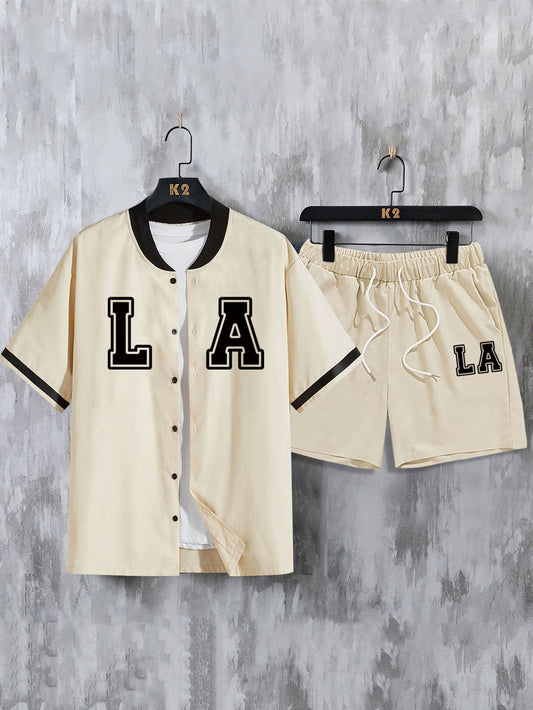 Men Letter Graphic Baseball Collar Shirt & Drawstring Waist Shorts Without Tee - Premium Men Two-piece Outfits from ZOETOP BUSINESS CO., LIMITED - Just $52.49! Shop now at Nick's Bay Company