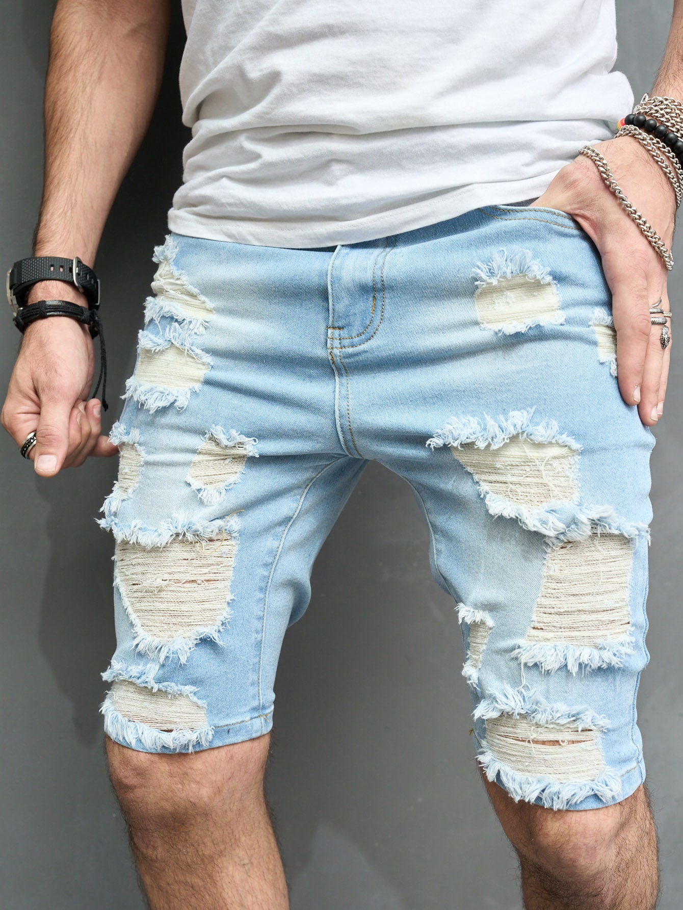 Men Ripped Frayed Slant Pocket Denim Shorts - Premium Men Denim Shorts from ZOETOP BUSINESS CO., LIMITED - Just $49.99! Shop now at Nick's Bay Company