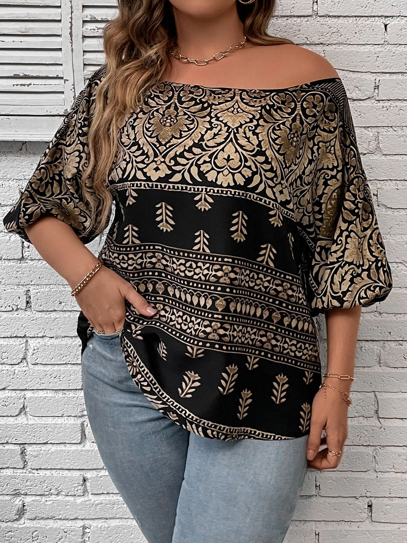 Unity Plus Floral Print Boat Neck Lantern Sleeve Blouse - Premium Plus Size Blouses from ZOETOP BUSINESS CO., LIMITED - Just $40.49! Shop now at Nick's Bay Company