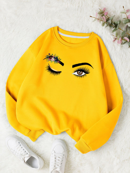 Floral And Eyes Print Thermal Lined Sweatshirt