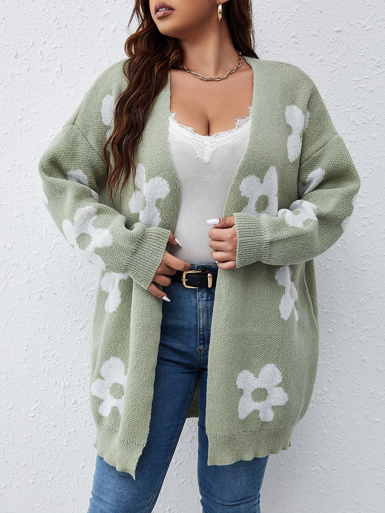 EZwear Plus Floral Pattern Drop Shoulder Cardigan - Premium Plus Size Cardigans from ZOETOP BUSINESS CO., LIMITED - Just $60.99! Shop now at Nick's Bay Company