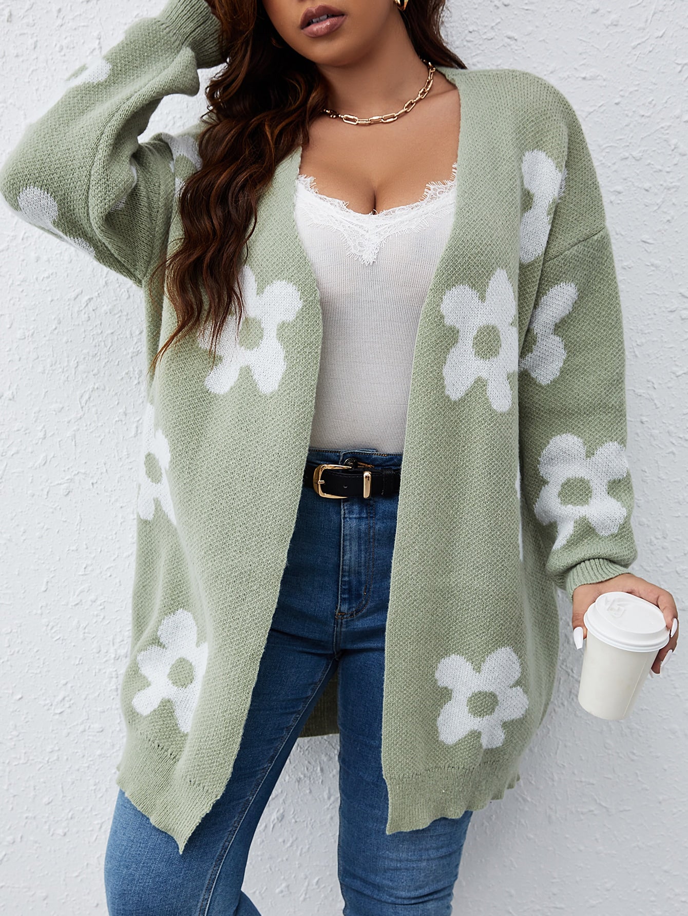 EZwear Plus Floral Pattern Drop Shoulder Cardigan - Premium Plus Size Cardigans from ZOETOP BUSINESS CO., LIMITED - Just $60.99! Shop now at Nick's Bay Company