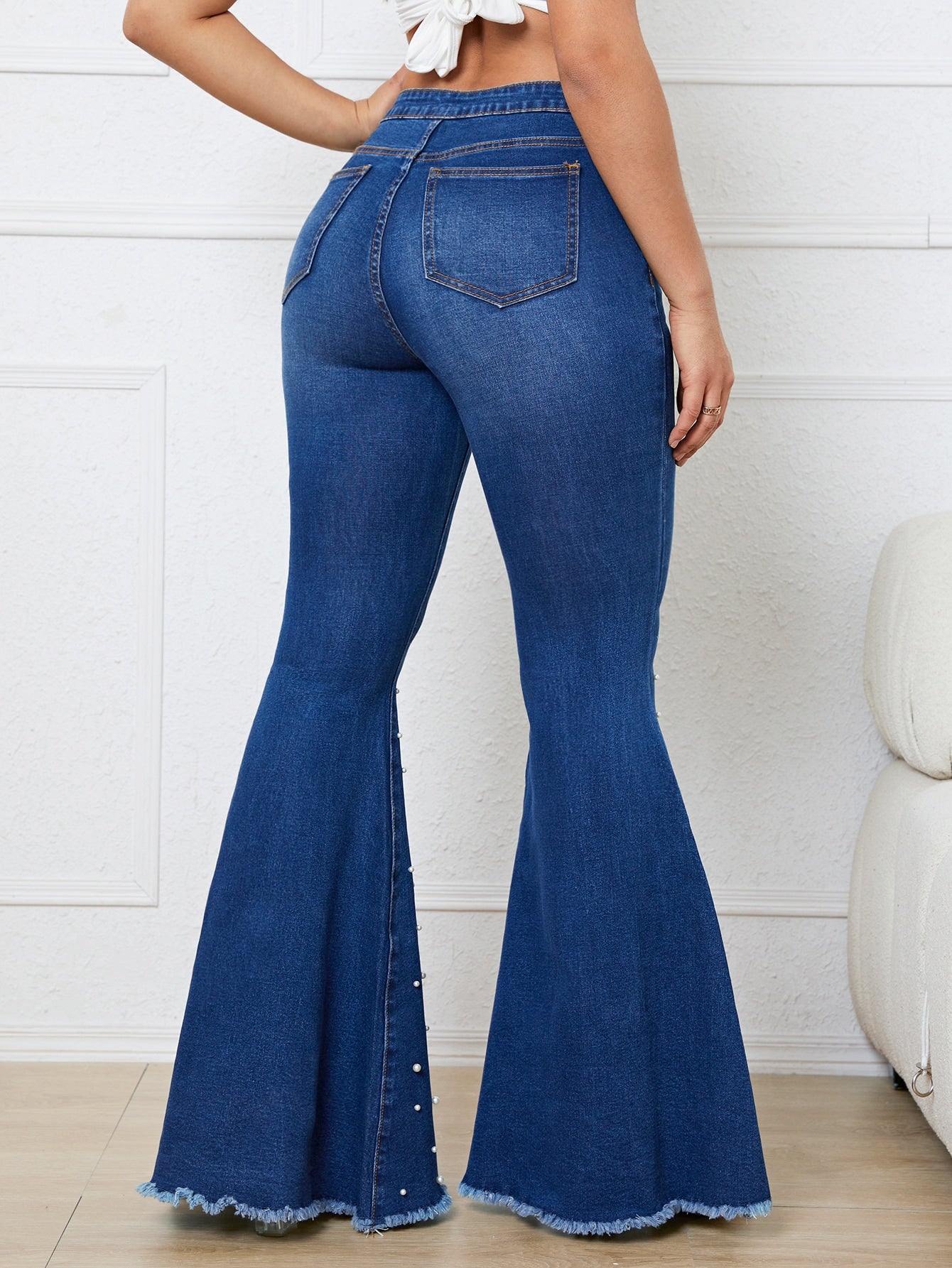 Pearls Beaded Raw Hem Extra Long Flare Leg Jeans - Premium Women Jeans from ZOETOP BUSINESS CO., LIMITED - Just $66.49! Shop now at Nick's Bay Company