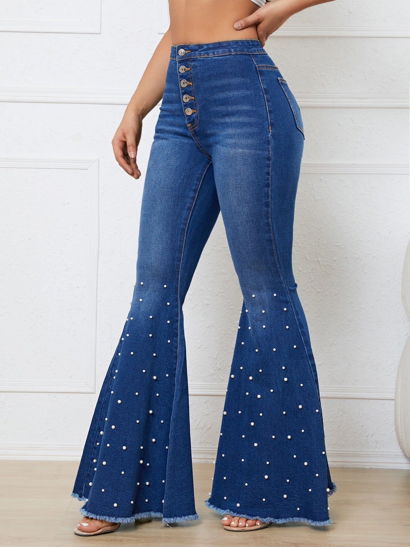 Pearls Beaded Raw Hem Extra Long Flare Leg Jeans - Premium Women Jeans from ZOETOP BUSINESS CO., LIMITED - Just $66.49! Shop now at Nick's Bay Company