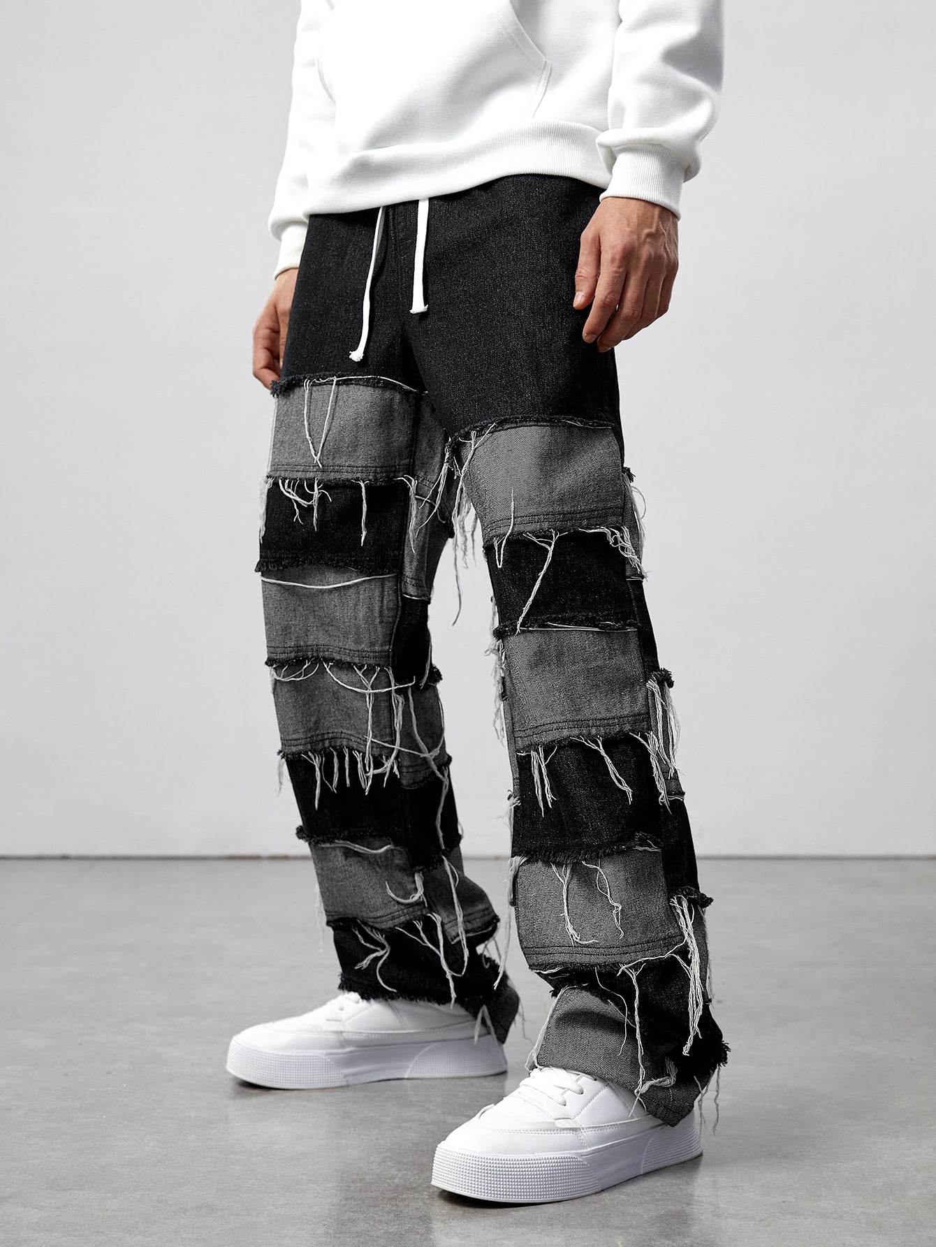 Guys Colorblock Raw Trim Drawstring Waist Baggy Jeans