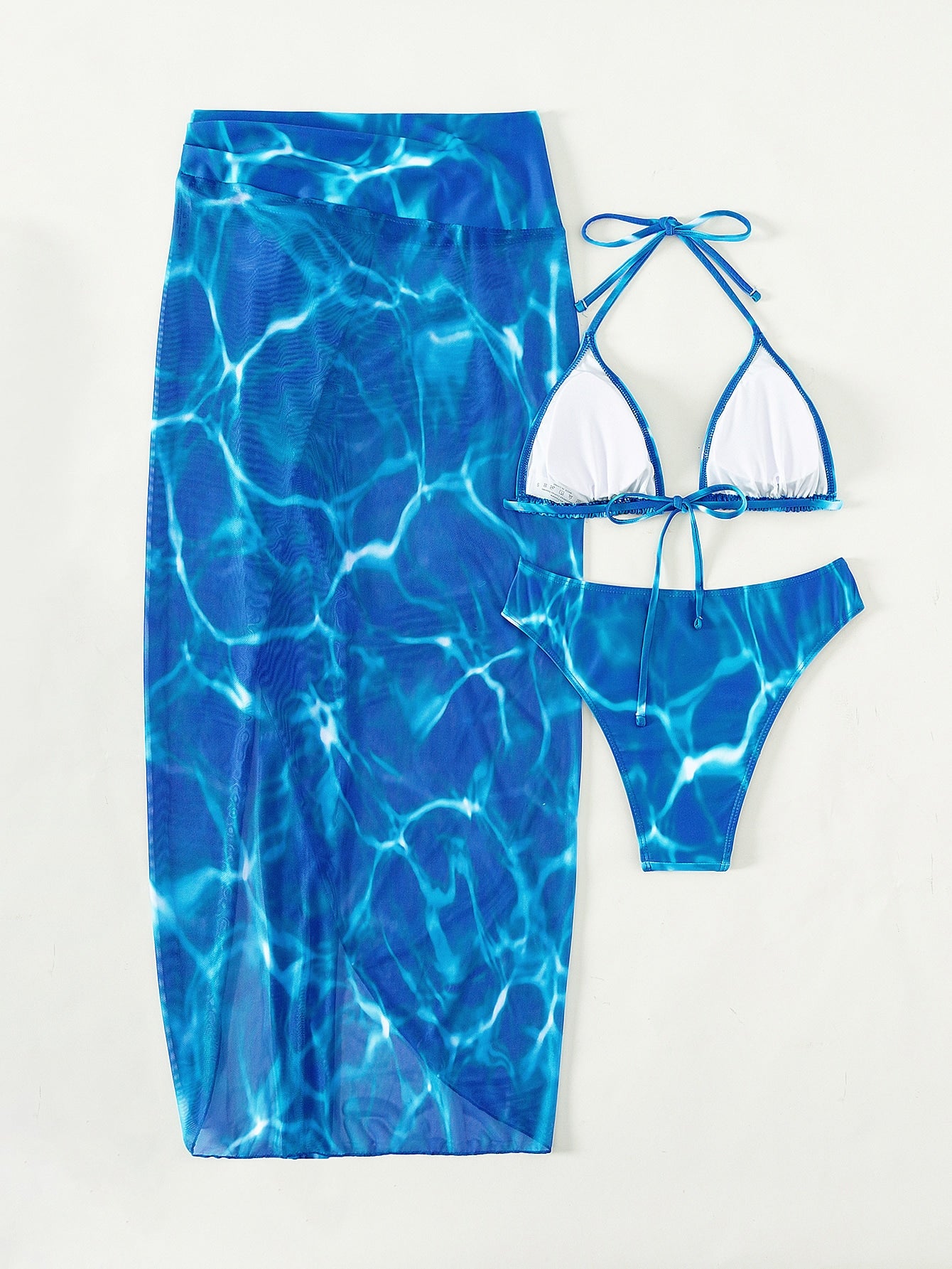 Allover Print Halter Triangle Bikini Swimsuit With Beach Skirt