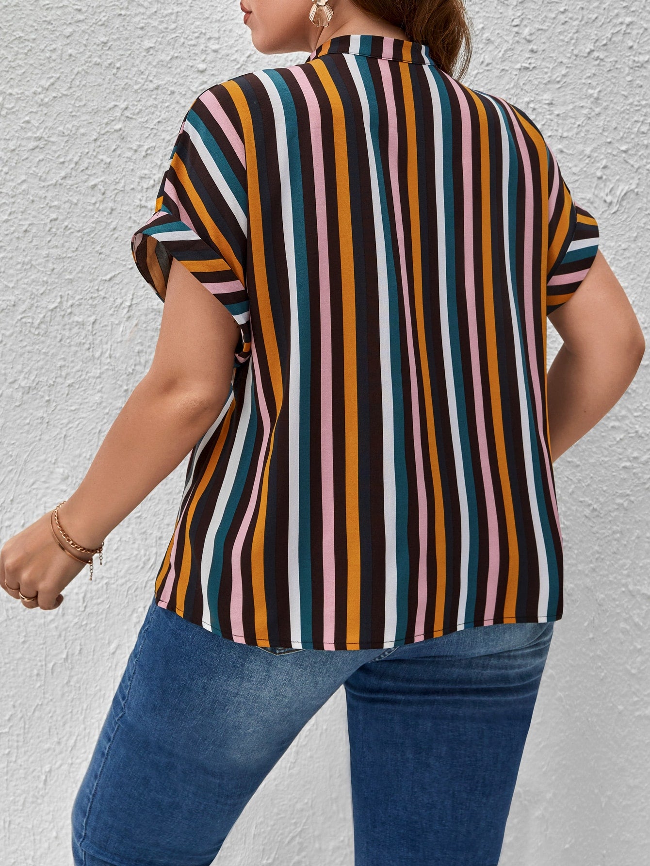 EMERY ROSE Plus Striped Print Notched Neckline Batwing Sleeve Blouse - Premium Plus Size Blouses from ZOETOP BUSINESS CO., LIMITED - Just $38.99! Shop now at Nick's Bay Company