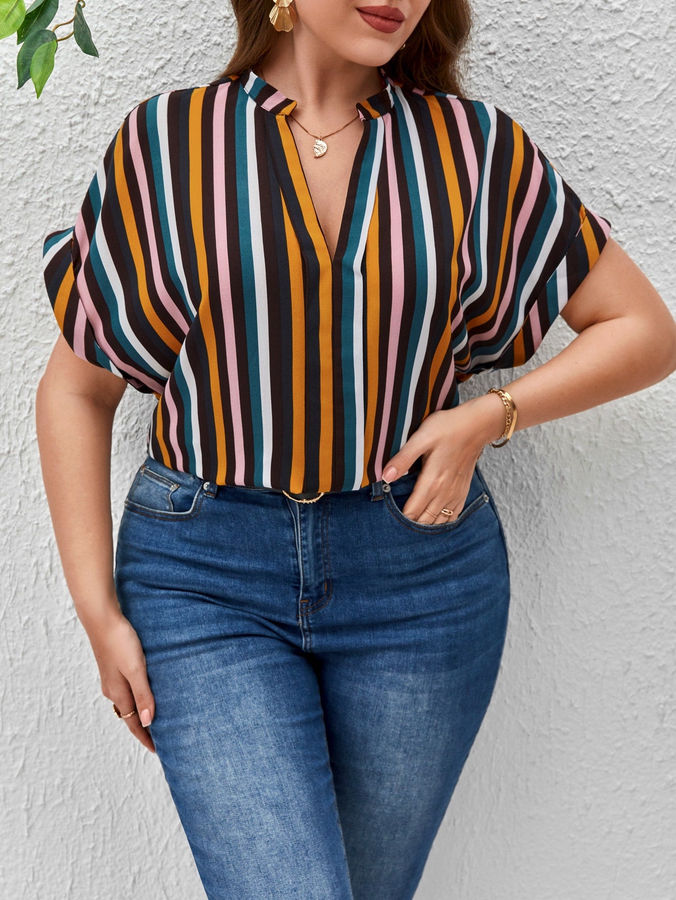 EMERY ROSE Plus Striped Print Notched Neckline Batwing Sleeve Blouse - Premium Plus Size Blouses from ZOETOP BUSINESS CO., LIMITED - Just $38.99! Shop now at Nick's Bay Company