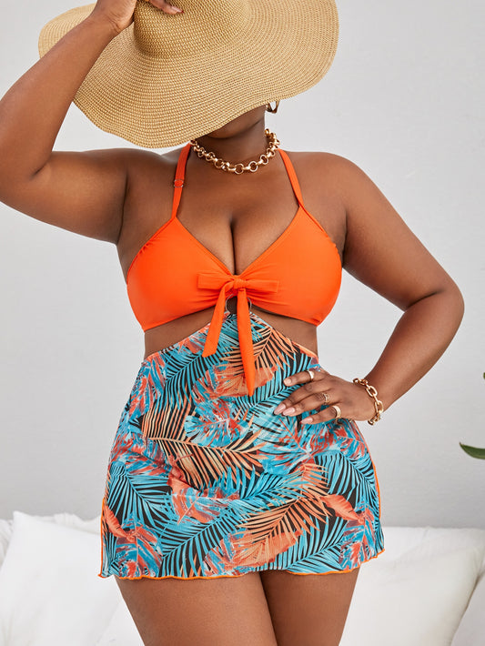Plus Tropical Print Knot Front Halter Bikini Swimsuit - Premium Plus Size Tankinis from ZOETOP BUSINESS CO., LIMITED - Just $49.80! Shop now at Nick's Bay Company
