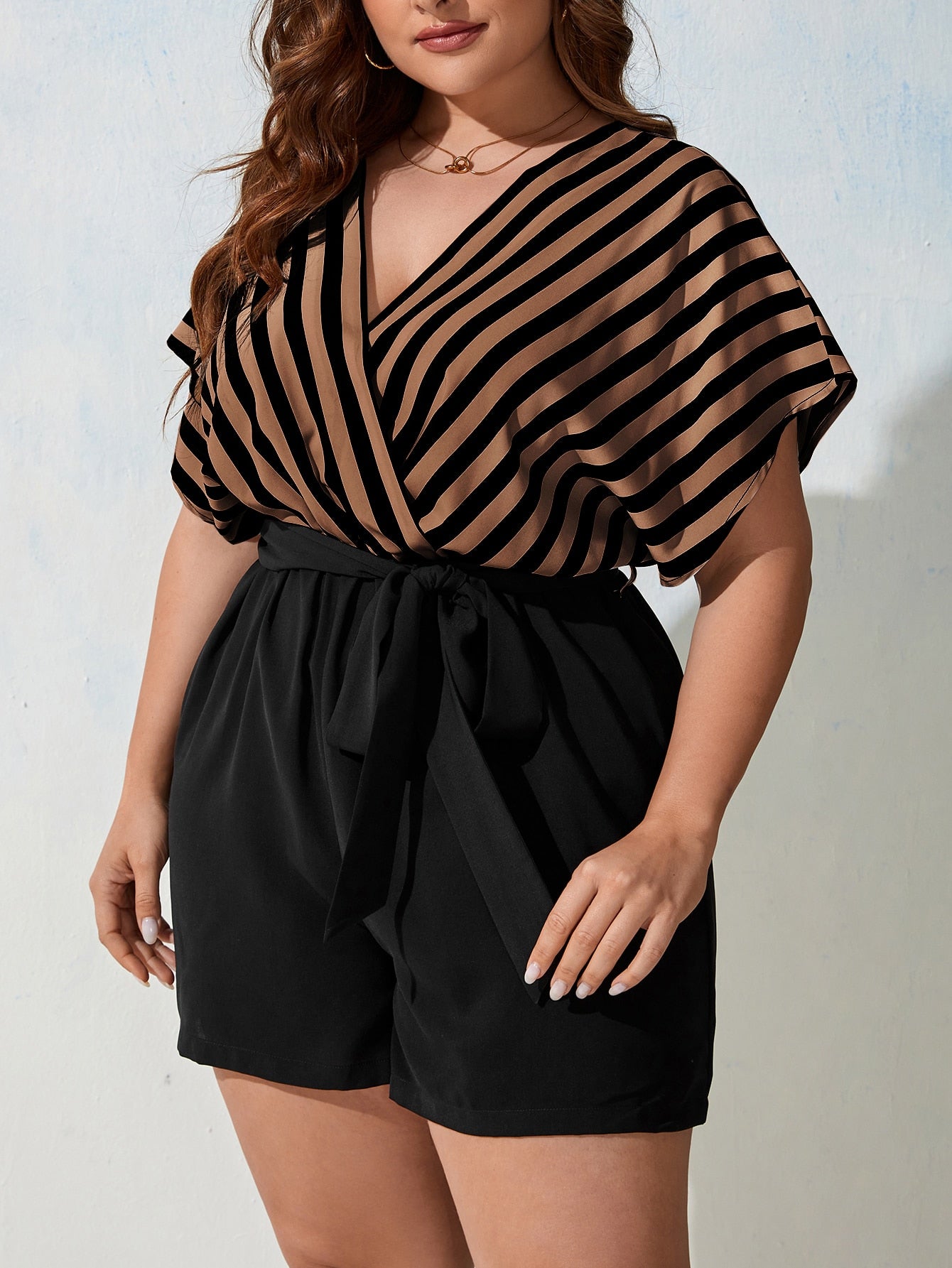 Unity Plus Striped Print Belted Romper - Premium Plus Size Jumpsuits from ZOETOP BUSINESS CO., LIMITED - Just $46.99! Shop now at Nick's Bay Company