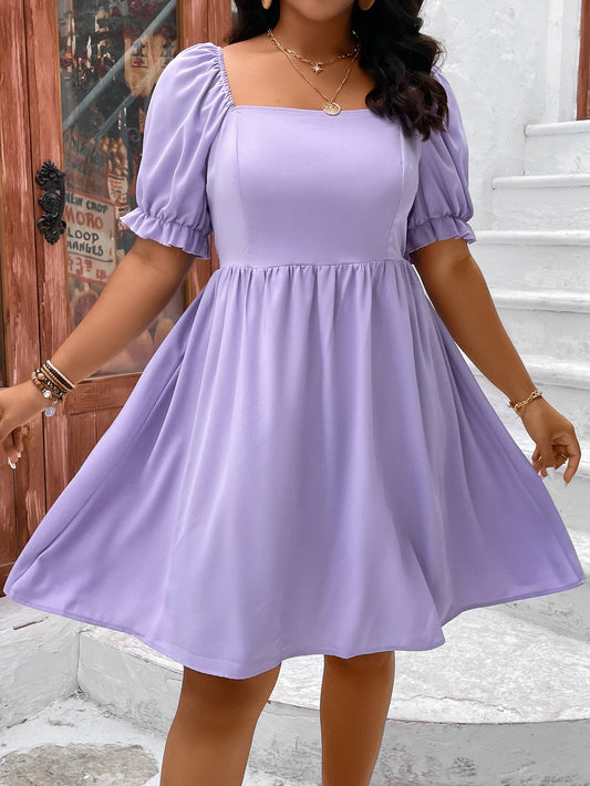 Unity Plus Square Neck Puff Sleeve Shirred Back Dress - Premium Plus Size Dresses from ZOETOP BUSINESS CO., LIMITED - Just $49.95! Shop now at Nick's Bay Company
