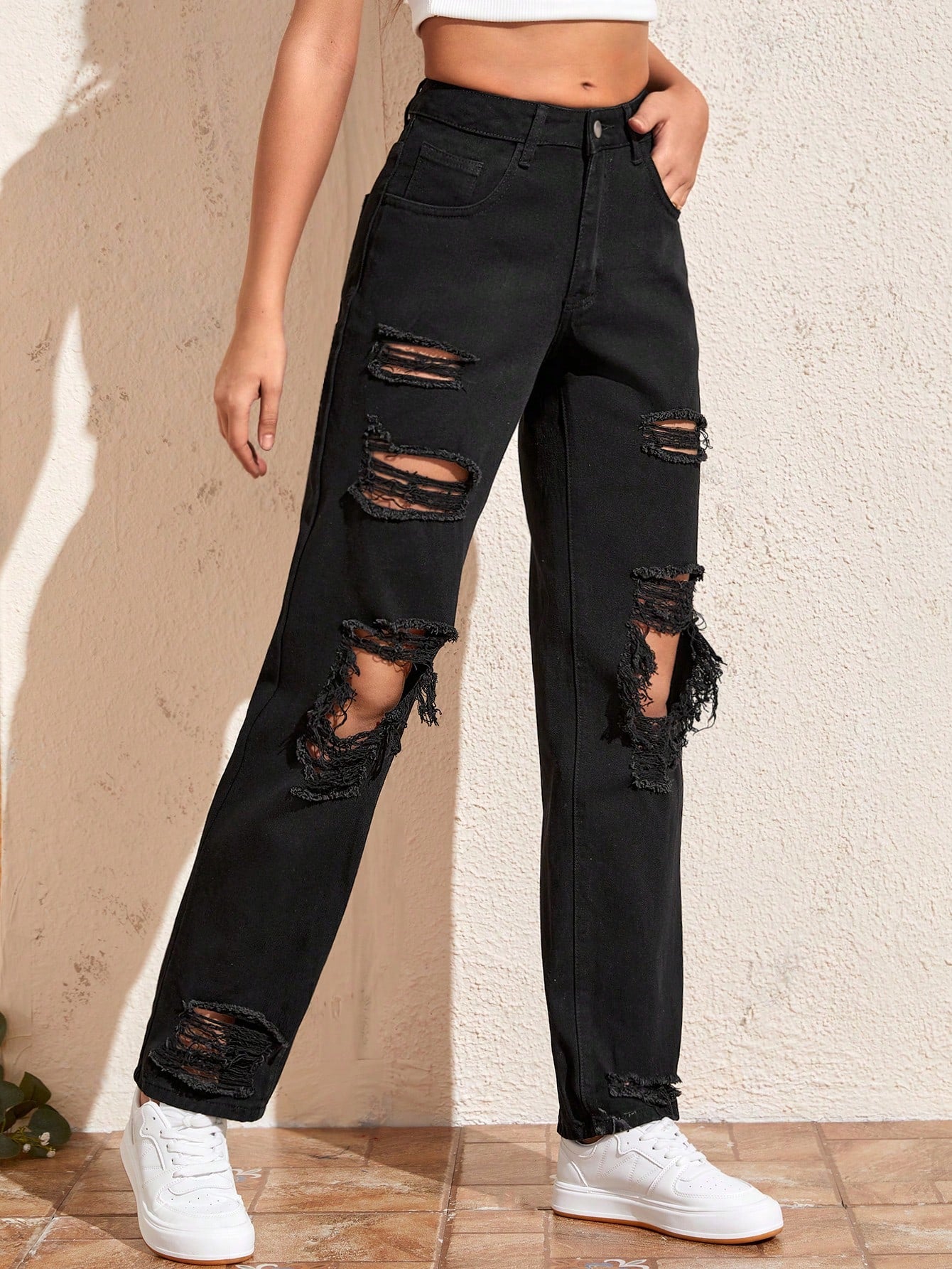 SXY Ripped Cut Out Straight Leg Jeans - Premium Women Jeans from ZOETOP BUSINESS CO., LIMITED - Just $62.99! Shop now at Nick's Bay Company